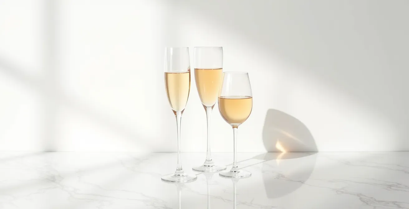 Composition épurée de trois verres à champagne sur surface de marbre avec jeu d'ombres