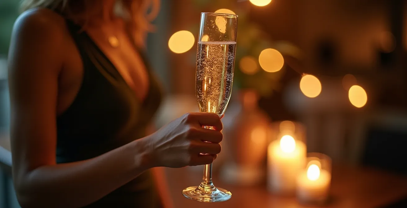 Main féminine tenant délicatement le pied d'un verre de champagne avec focus sur les bulles